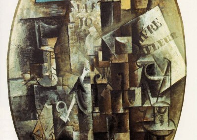 Picasso, Pablo. Violino, copo, cachimbo e tinteiro, 1912.